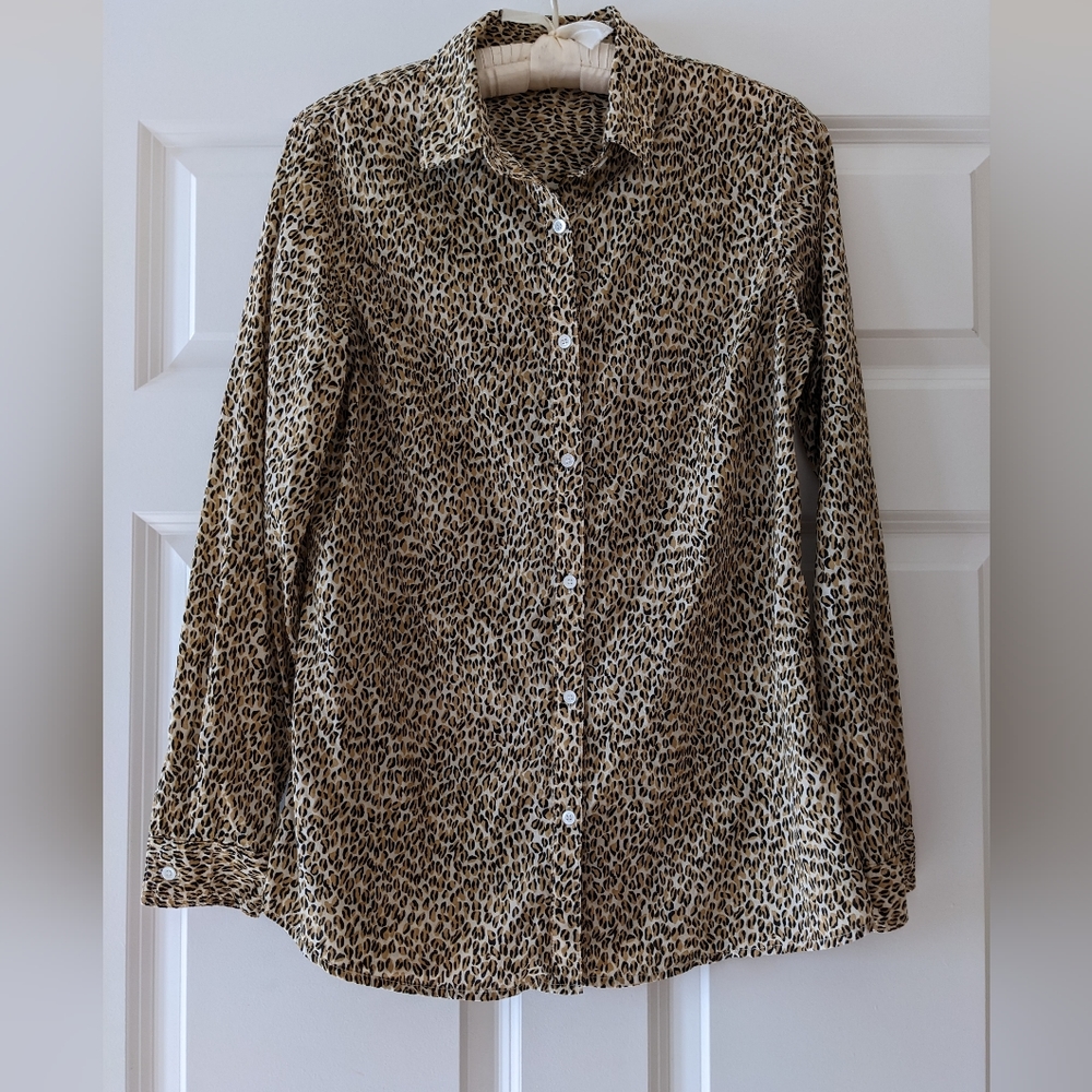 J. McLaughlin Animal print shirt Cotton top cheetah blouse Fall Trendy
